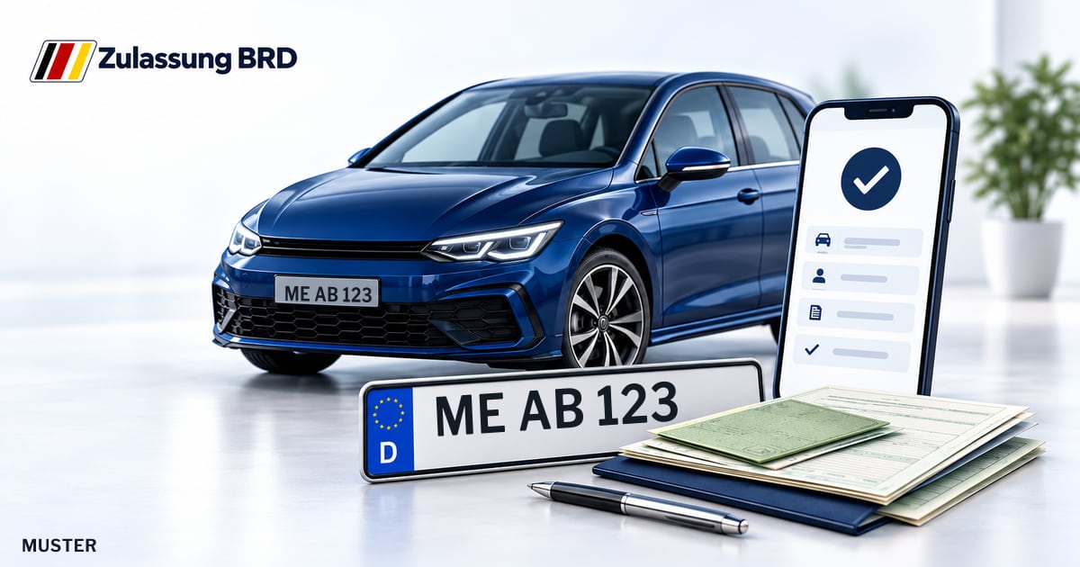 Online Fahrzeugzulassung in Haan: Musterkennzeichen ME AB 123, Auto und Fahrzeugpapiere und Smartphone. Illustration mit Logo von Zulassung BRD.